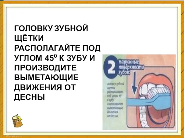 ГОЛОВКУ ЗУБНОЙ ЩЁТКИ РАСПОЛАГАЙТЕ ПОД УГЛОМ 450 К ЗУБУ И ПРОИЗВОДИТЕ ВЫМЕТАЮЩИЕ ДВИЖЕНИЯ ОТ ДЕСНЫ