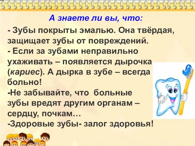 А знаете ли вы, что: - Зубы покрыты эмалью. Она твёрдая,