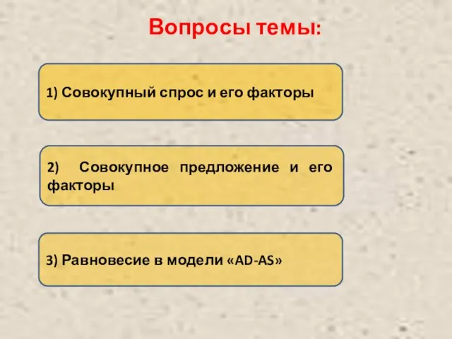 Вопросы темы: 1) Совокупный спрос и его факторы 2) Совокупное предложение