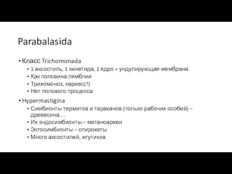 Parabalasida Класс Trichomonada 1 аксостиль, 1 кинетида, 1 ядро + ундулирующая