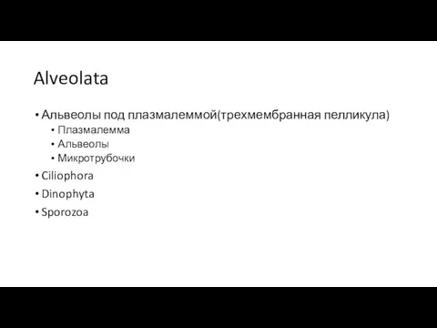 Alveolata Альвеолы под плазмалеммой(трехмембранная пелликула) Плазмалемма Альвеолы Микротрубочки Ciliophora Dinophyta Sporozoa