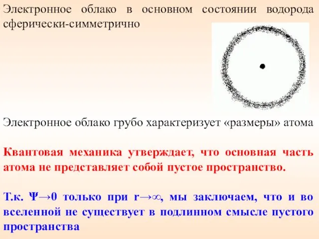 Электронное облако в основном состоянии водорода сферически-симметрично Электронное облако грубо характеризует