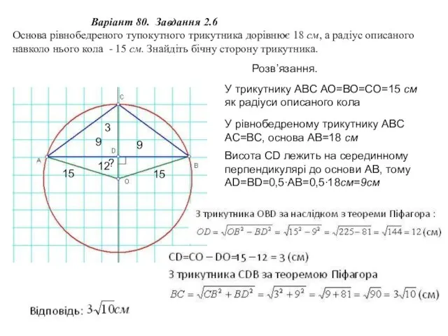 Варіант 80. Завдання 2.6 Основа рівнобедреного тупокутного трикутника дорівнює 18 см,