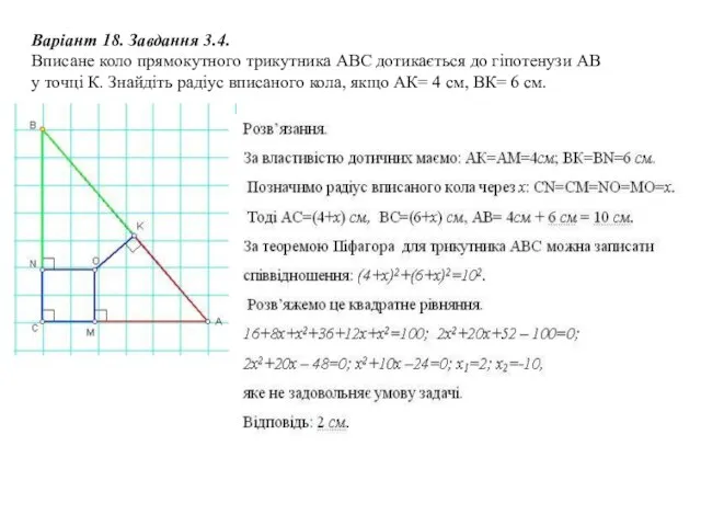 Варіант 18. Завдання 3.4. Вписане коло прямокутного трикутника АВС дотикається до