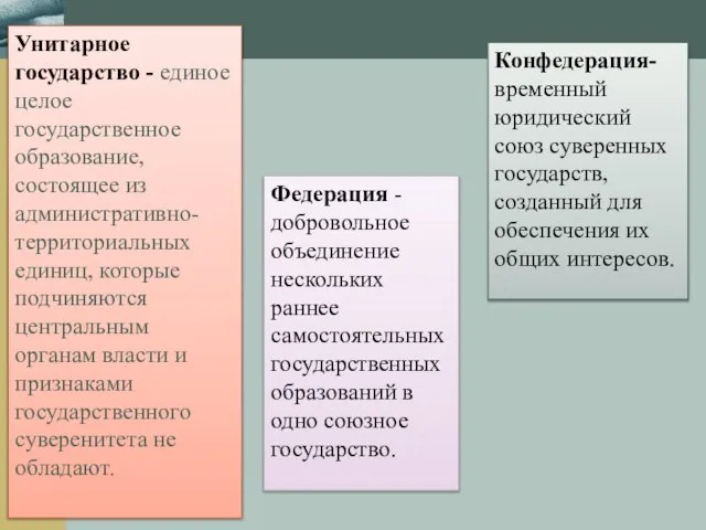 Унитарное государство - единое целое государственное образование, состоящее из административно- территориальных