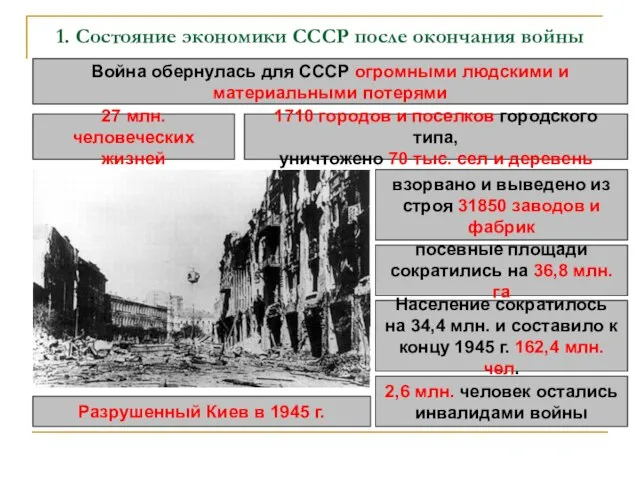 1. Состояние экономики СССР после окончания войны Война обернулась для СССР