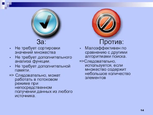 За: Не требует сортировки значений множества Не требует дополнительного анализа функции.