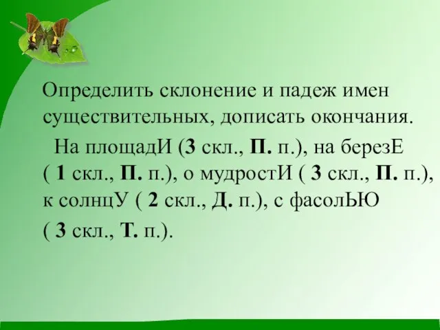 Определить склонение и падеж имен существительных, дописать окончания. На площадИ (3