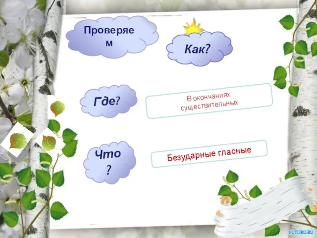 Проверяем Что? Где? Как? В окончаниях существительных Безударные гласные