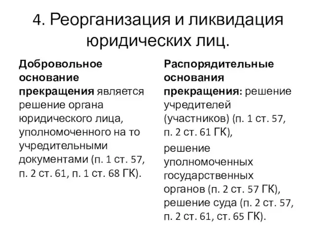 4. Реорганизация и ликвидация юридических лиц. Добровольное основание прекращения является решение