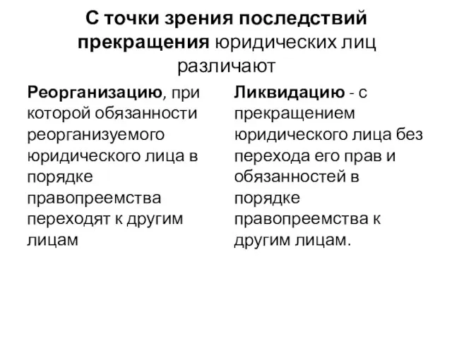 С точки зрения последствий прекращения юридических лиц различают Реорганизацию, при которой