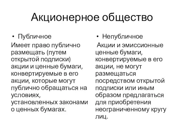 Акционерное общество Публичное Имеет право публично размещать (путем открытой подписки) акции