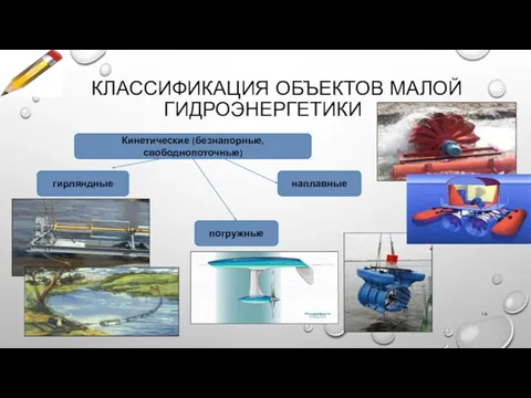 КЛАССИФИКАЦИЯ ОБЪЕКТОВ МАЛОЙ ГИДРОЭНЕРГЕТИКИ Кинетические (безнапорные, свободнопоточные) гирляндные наплавные погружные