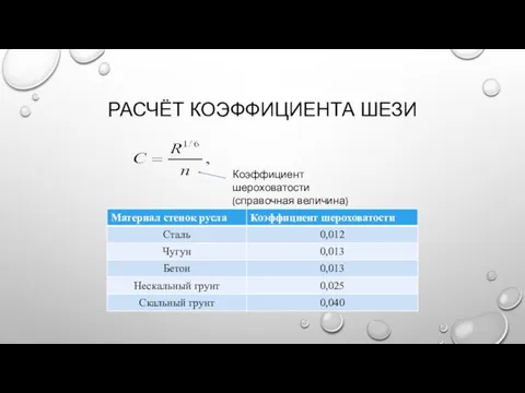 РАСЧЁТ КОЭФФИЦИЕНТА ШЕЗИ Коэффициент шероховатости (справочная величина)