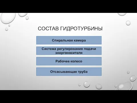 СОСТАВ ГИДРОТУРБИНЫ Спиральная камера Система регулирования подачи энергоносителя Рабочее колесо Отсасывающая труба