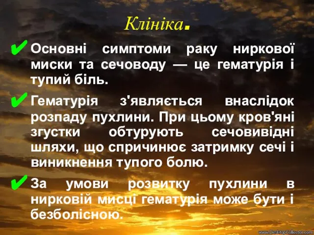 Клініка. Основні симптоми раку ниркової миски та сечоводу — це гематурія