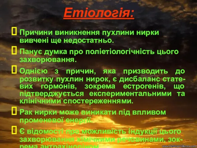 Етіологія: Причини виникнення пухлини нирки вивчені ще недостатньо. Панує думка про