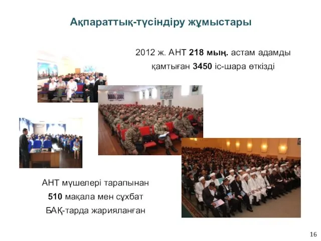 Ақпараттық-түсіндіру жұмыстары 2012 ж. АНТ 218 мың. астам адамды қамтыған 3450