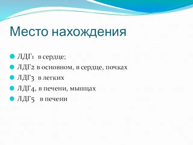 Место нахождения ЛДГ1 в сердце; ЛДГ2 в основном, в сердце, почках