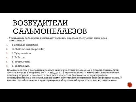 ВОЗБУДИТЕЛИ САЛЬМОНЕЛЛЕЗОВ У животных заболевания вызывают главным образом следующие виды рода