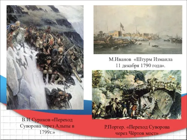 М.Иванов «Штурм Измаила 11 декабря 1790 года». В.И.Суриков «Переход Суворова через