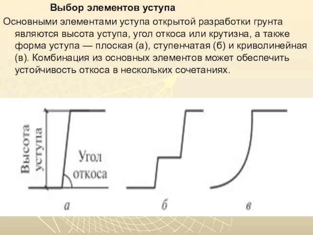 Выбор элементов уступа Основными элементами уступа открытой разработки грунта являются высота