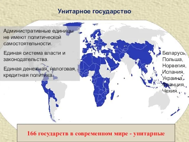 Унитарное государство Административные единицы не имеют политической самостоятельности. Единая система власти