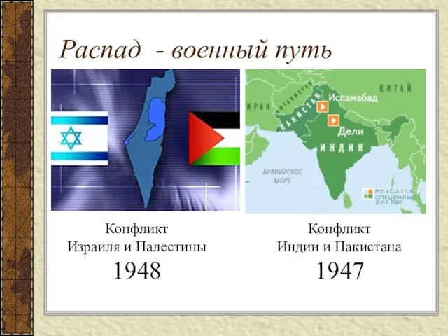 Распад - военный путь Конфликт Индии и Пакистана 1947 Конфликт Израиля и Палестины 1948