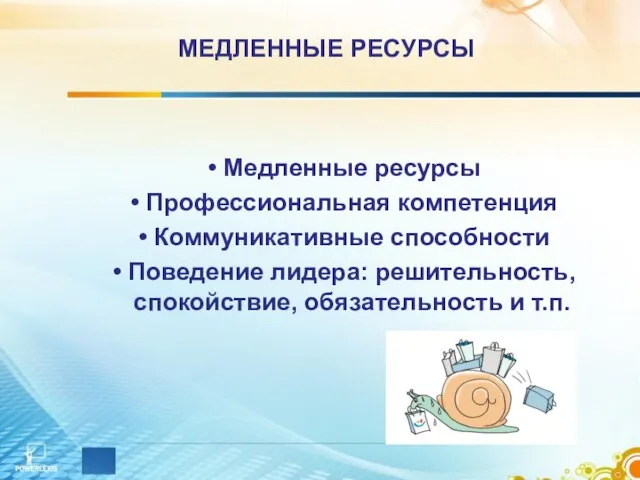 МЕДЛЕННЫЕ РЕСУРСЫ Медленные ресурсы Профессиональная компетенция Коммуникативные способности Поведение лидера: решительность, спокойствие, обязательность и т.п.