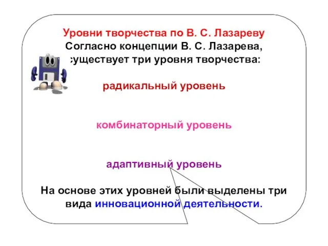 Уровни творчества по В. С. Лазареву Согласно концепции В. С. Лазарева,