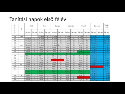 Tanítási napok első félév