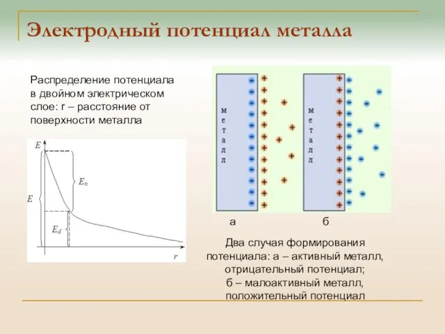 Электродный потенциал металла Распределение потенциала в двойном электрическом слое: r –