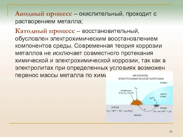 Анодный процесс – окислительный, проходит с растворением металла; Катодный процесс –