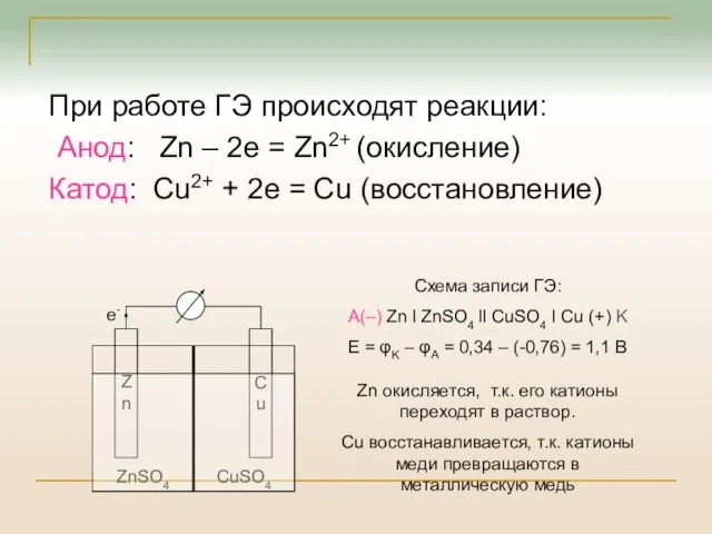 При работе ГЭ происходят реакции: Анод: Zn – 2e = Zn2+