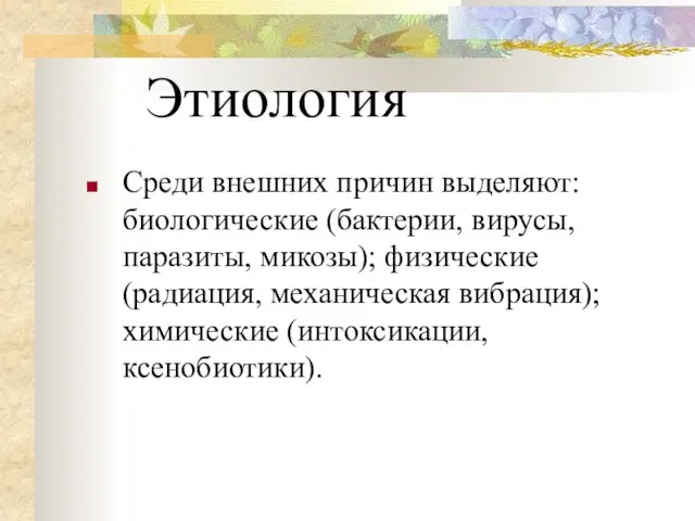 Этиология Среди внешних причин выделяют: биологические (бактерии, вирусы, паразиты, микозы); физические