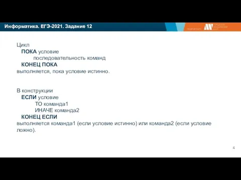 Информатика. ЕГЭ-2021. Задание 12 Цикл ПОКА условие последовательность команд КОНЕЦ ПОКА