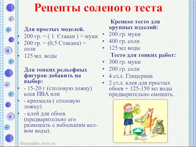 Рецепты соленого теста Для простых моделей. 200 гр. = ( 1