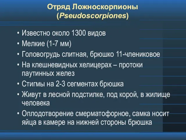 Отряд Ложноскорпионы (Pseudoscorpiones) Известно около 1300 видов Мелкие (1-7 мм) Головогрудь