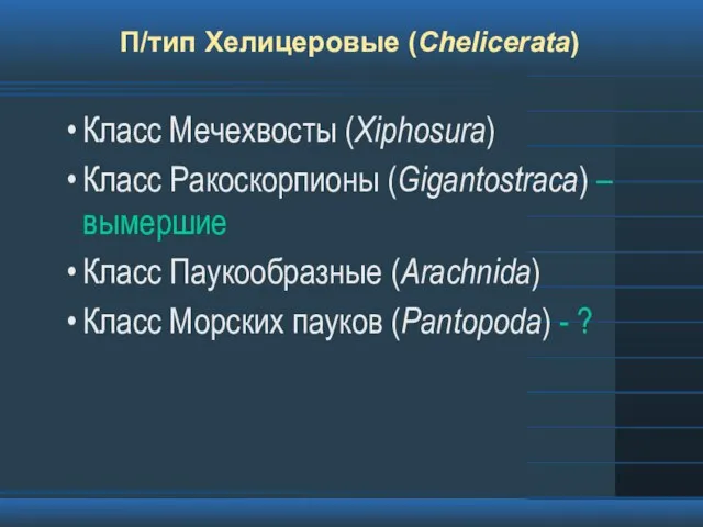 П/тип Хелицеровые (Chelicerata) Класс Мечехвосты (Xiphosura) Класс Ракоскорпионы (Gigantostraca) – вымершие