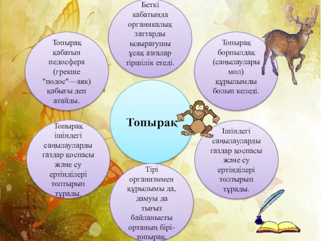 Топырақ Беткі кабатында органикалық заттарды ыдыратушы ұсақ азғалар тіршілік етеді. Топырақ