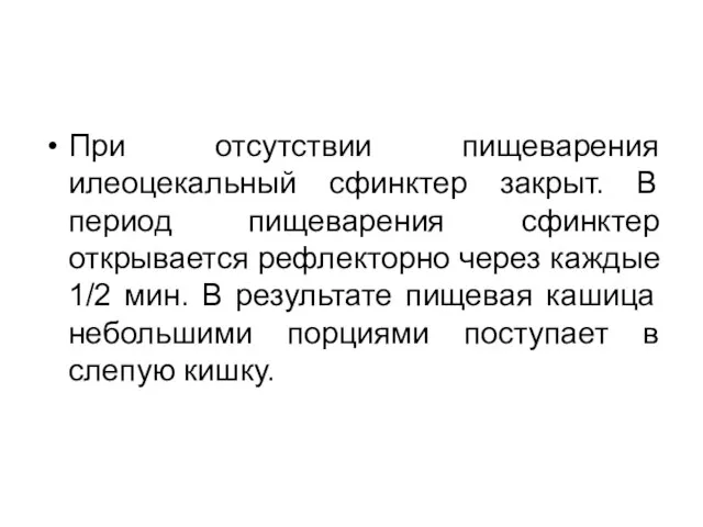 При отсутствии пищеварения илеоцекальный сфинктер закрыт. В период пищеварения сфинктер открывается