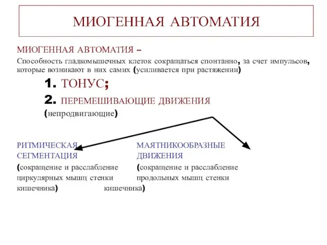 МИОГЕННАЯ АВТОМАТИЯ МИОГЕННАЯ АВТОМАТИЯ – Способность гладкомышечных клеток сокращаться спонтанно, за