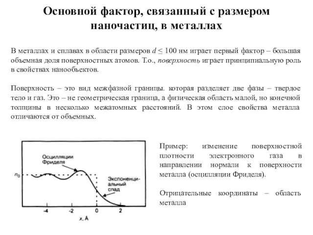 Основной фактор, связанный с размером наночастиц, в металлах В металлах и