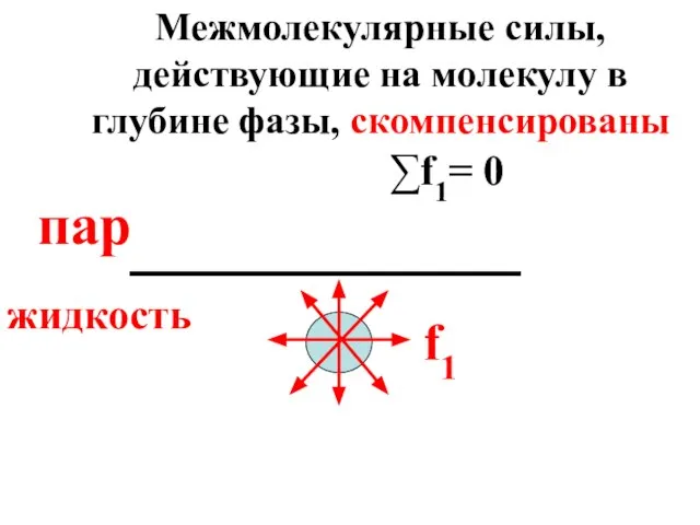 f1 пар жидкость ∑f1= 0 Межмолекулярные силы, действующие на молекулу в глубине фазы, скомпенсированы