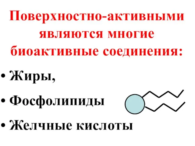 Поверхностно-активными являются многие биоактивные соединения: Жиры, Фосфолипиды Желчные кислоты