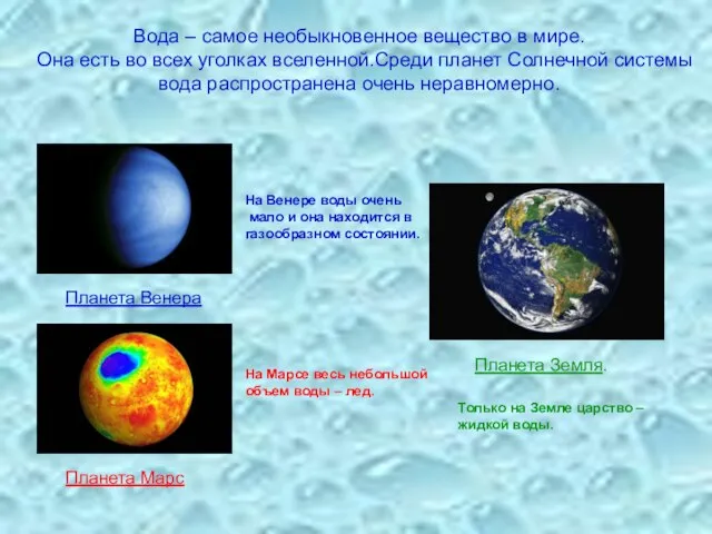 Вода – самое необыкновенное вещество в мире. Она есть во всех