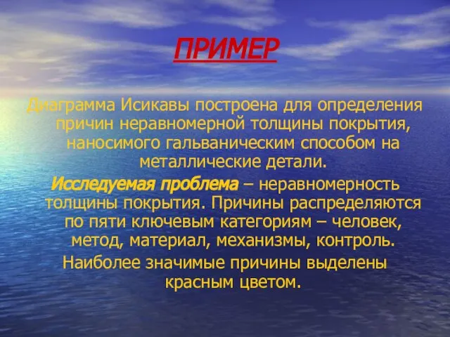 ПРИМЕР Диаграмма Исикавы построена для определения причин неравномерной толщины покрытия, наносимого