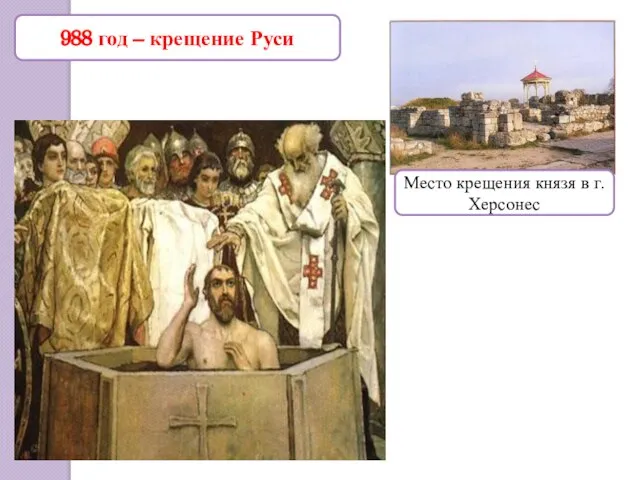 988 год – крещение Руси Место крещения князя в г. Херсонес