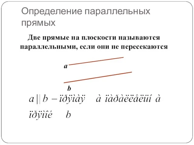 Определение параллельных прямых Две прямые на плоскости называются параллельными, если они не пересекаются