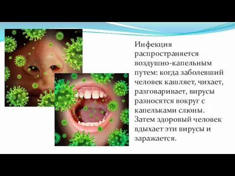 Инфекция распространяется воздушно-капельным путем: когда заболевший человек кашляет, чихает, разговаривает, вирусы